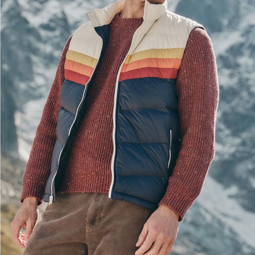NWT Men’s Marine Layer Archive Boreal Navy Sunset Colorblock Puffer Vest XL